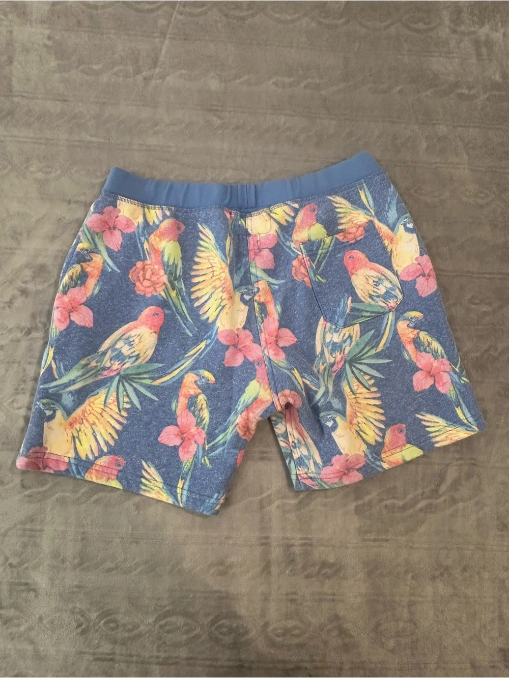 Chubbies Mens Sweat Shorts XL Blue Tropical Bird Floral Missing Drawstring